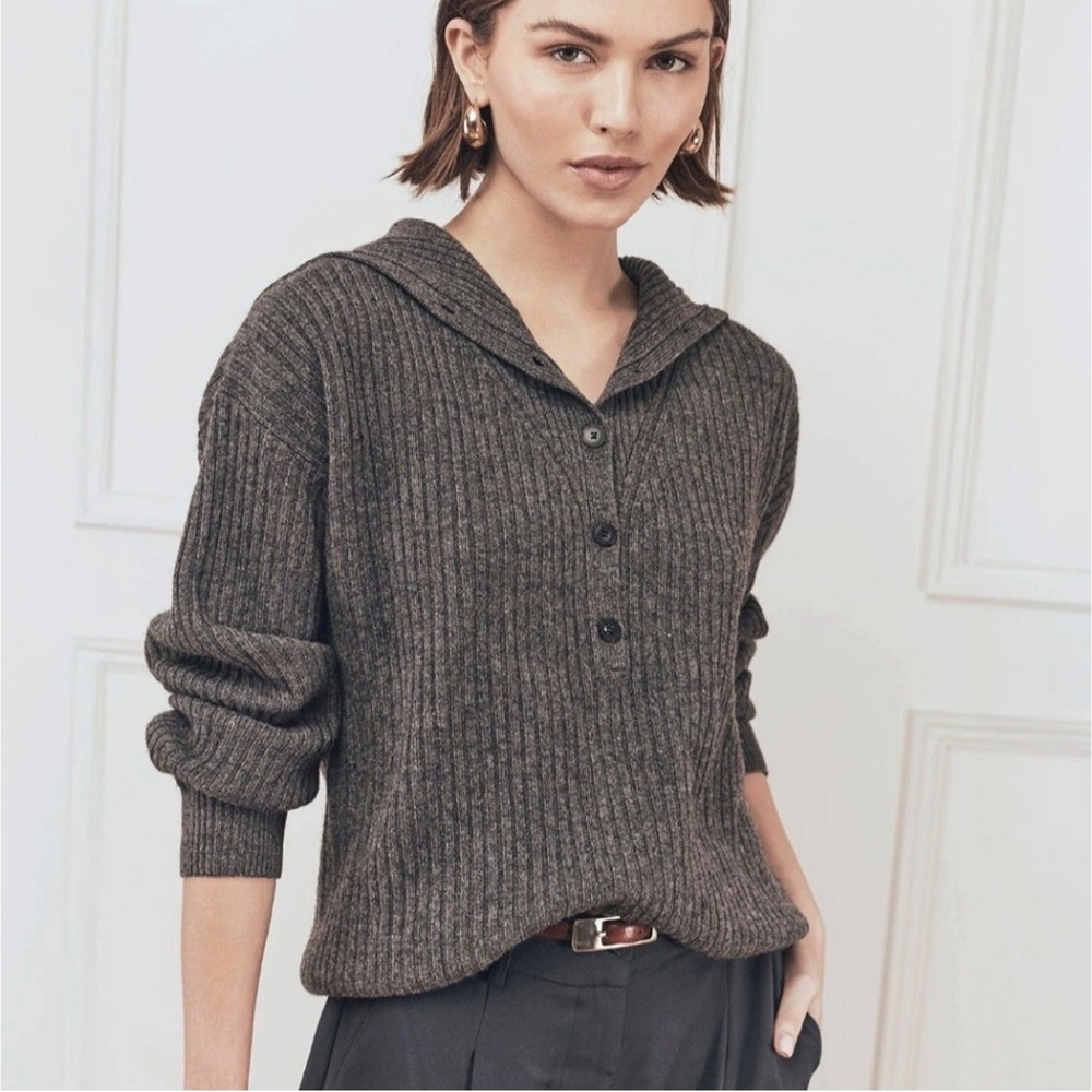 Naadam Wool Cashmere Ribbed Henley Sweater Grey Button Neck Pullover Medium